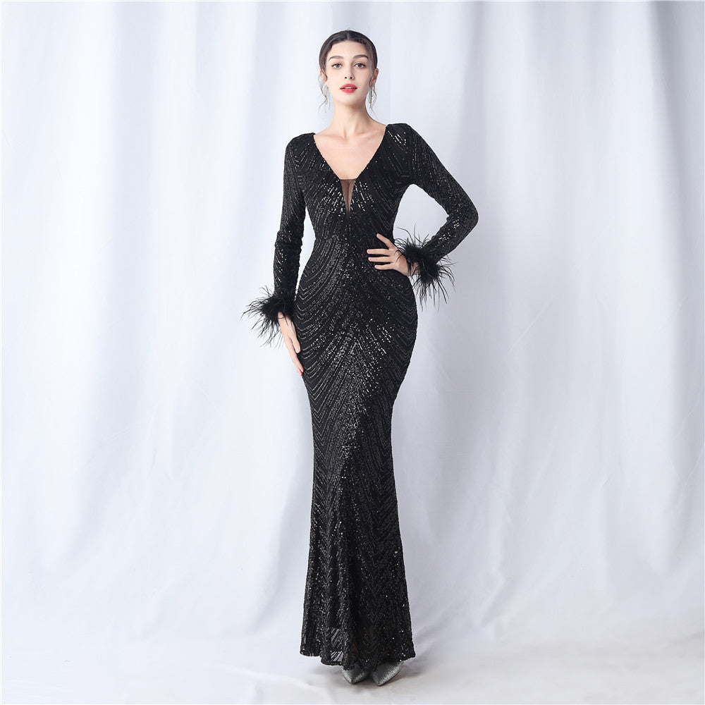 Ostrich Fur Long Sleeve Formal Dress