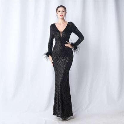 Ostrich Fur Long Sleeve Formal Dress