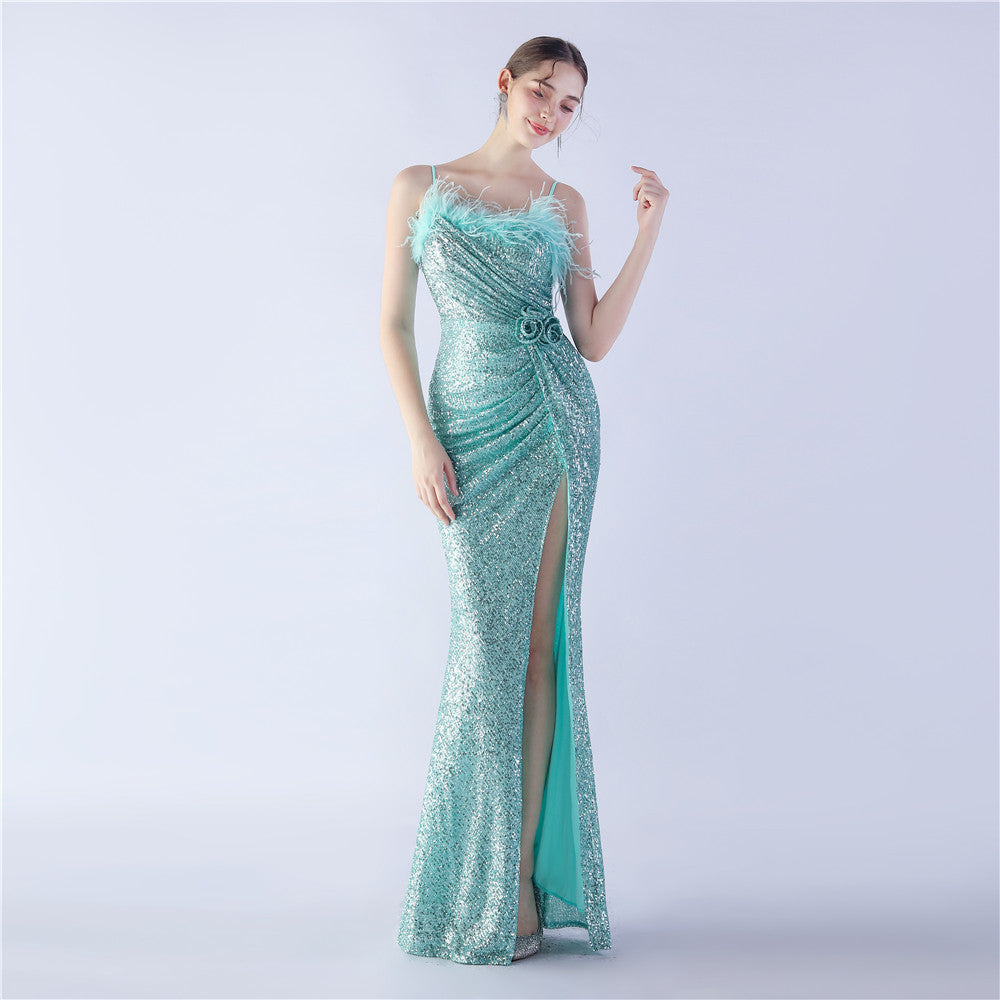 Fur Crafted Flower Formal Dress