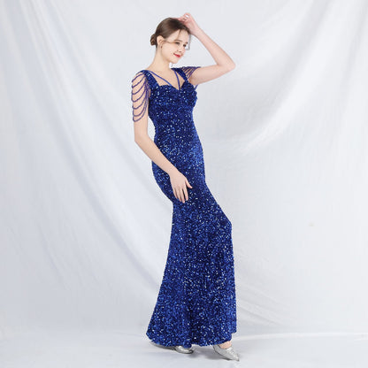 ベルベット裏地ビーズ付きフォーマルドレス