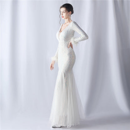 Ostrich Fur Mesh Beaded Formal Dresses