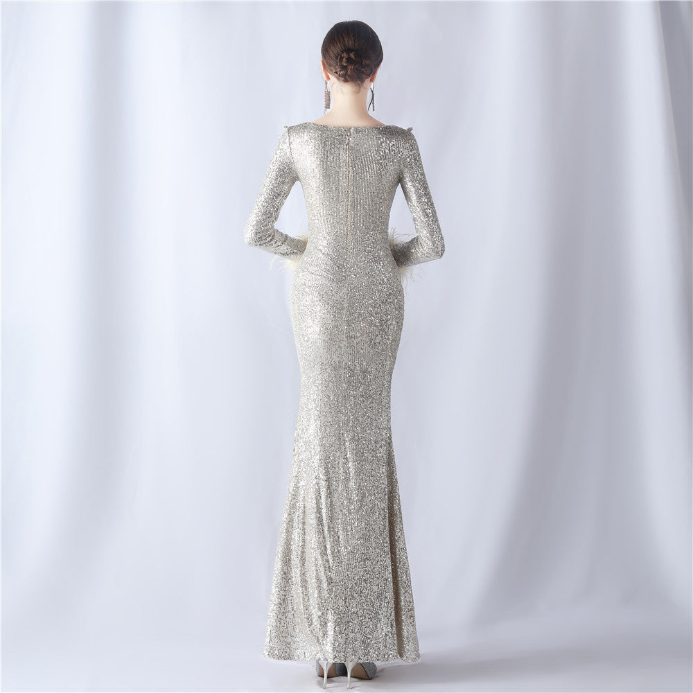 Ostrich Wave Beaded Formal Dress