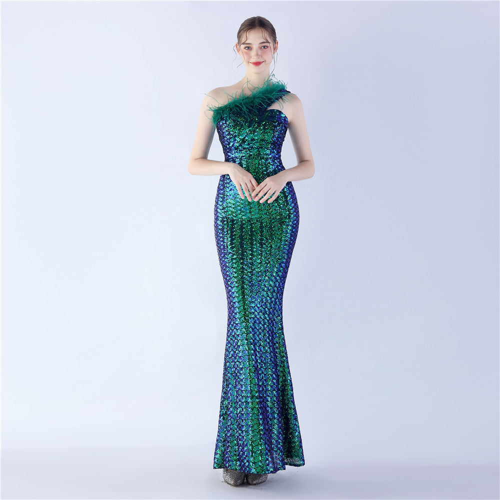 Ostrich Fur One-Shoulder Slant Neck Beaded Maxi Formal Dress