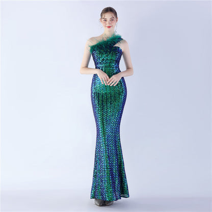 Ostrich Fur One-Shoulder Slant Neck Beaded Maxi Formal Dress