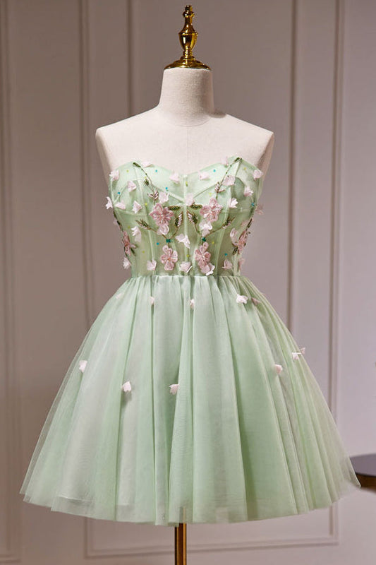 A-Line Tulle Beads Green mini Prom Dress