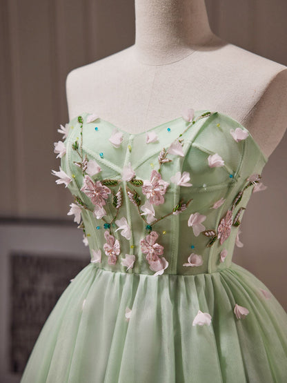 A-Line Tulle Beads Green mini Prom Dress