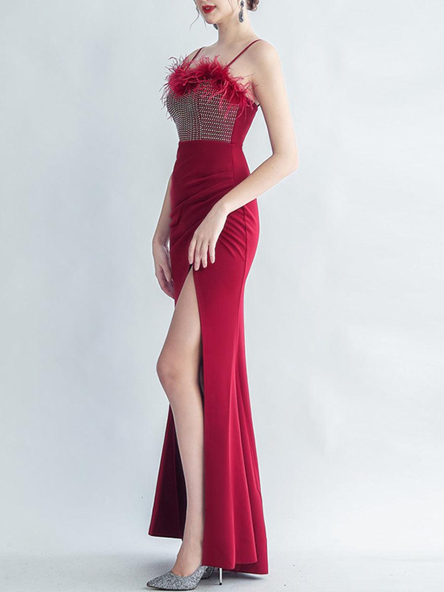Feather Spaghetti Rhinestone Formal Dress