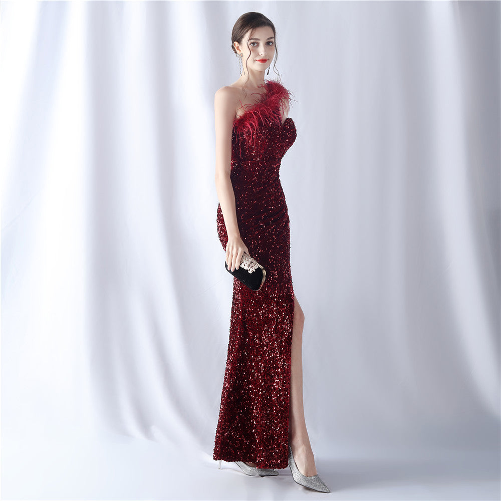 Ostrich Velvet Bottom One Shoulder Formal Dress