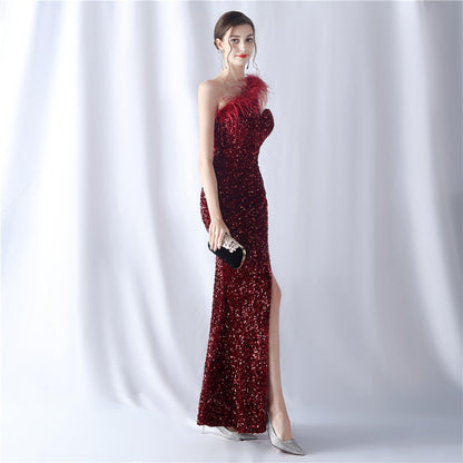 Ostrich Velvet Bottom One Shoulder Formal Dress