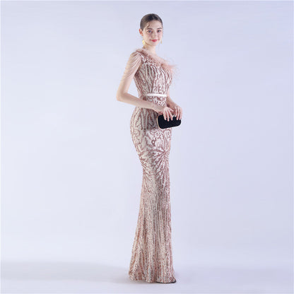 Fur Slant Neck One Shoulder Formal Dress