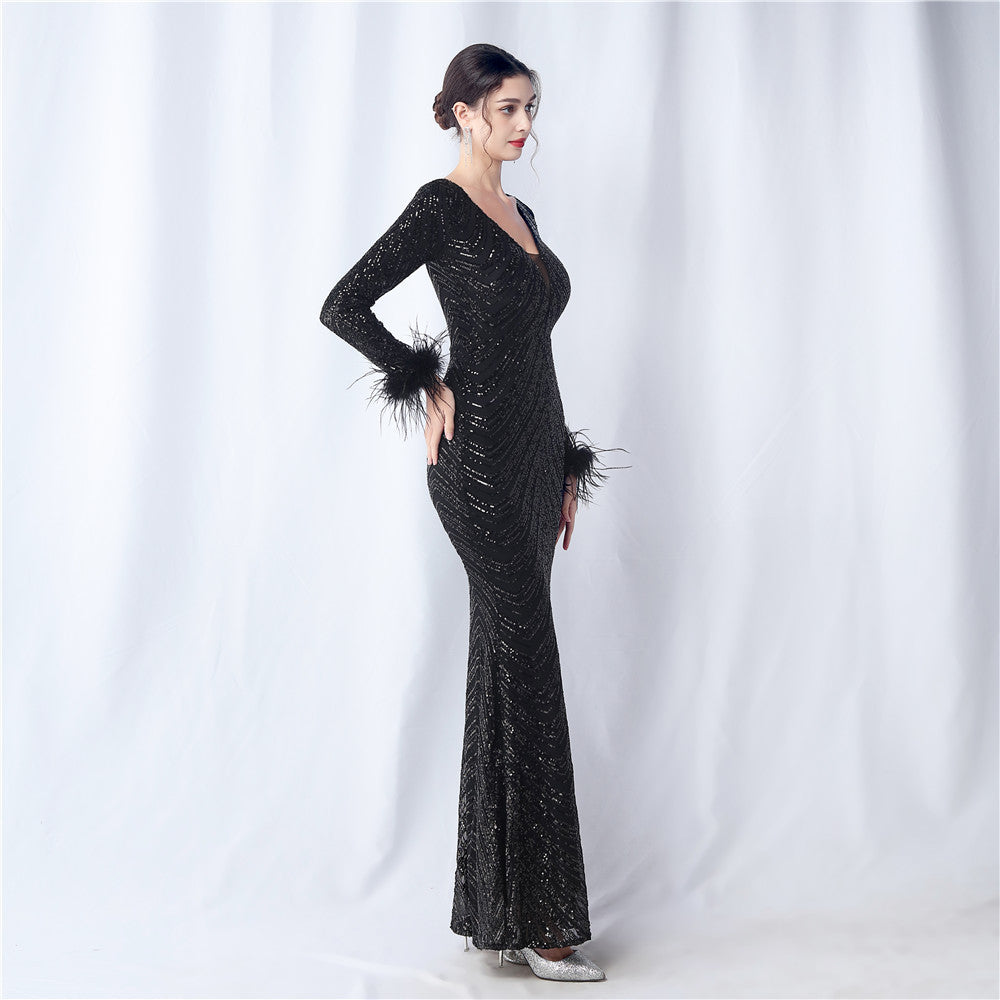 Ostrich Fur Long Sleeve Formal Dress