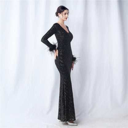 Ostrich Fur Long Sleeve Formal Dress