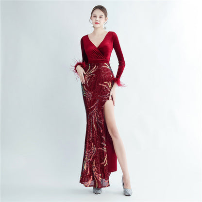 Ostrich Beaded Velvet Side Split Formal Dress