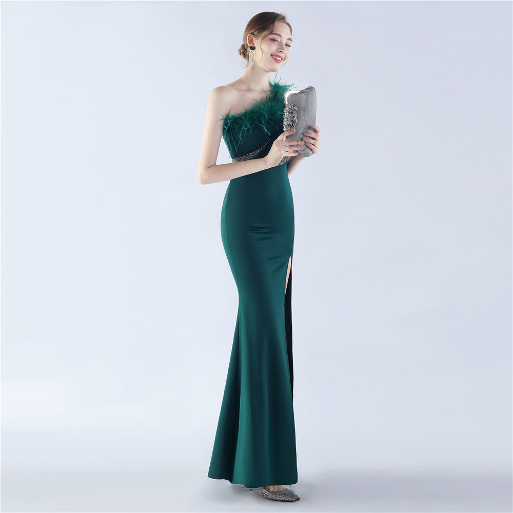 Fur Rhinestone Formal Dress
