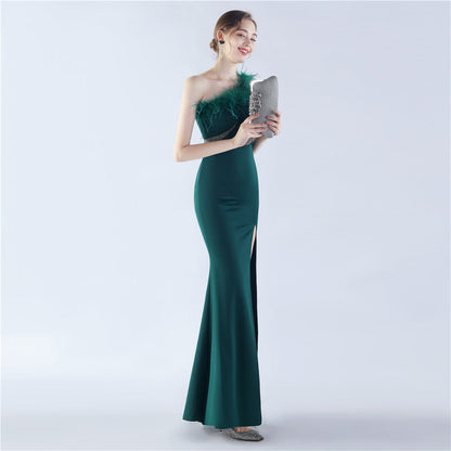 Fur Rhinestone Formal Dress