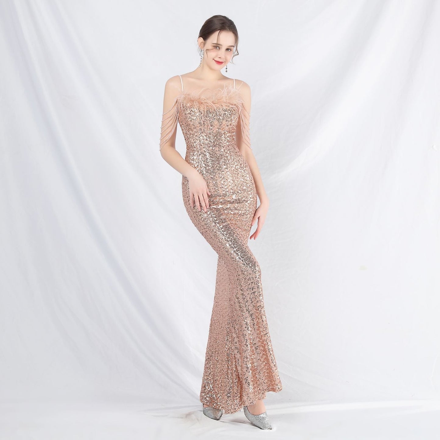 Ostrich Fur Illusion Beaded Formal Dress
