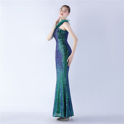 Ostrich Fur One-Shoulder Slant Neck Beaded Maxi Formal Dress