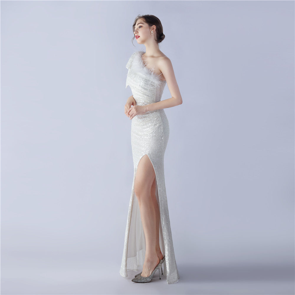 Fur Sequin One Shoulder Formal Dress