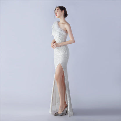 Fur Sequin One Shoulder Formal Dress