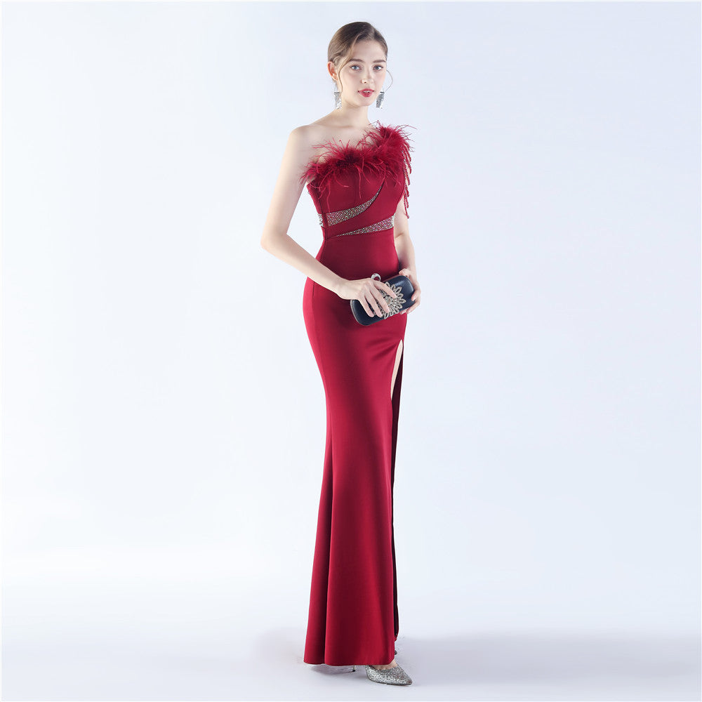 Fur Slant Neck One Shoulder Formal Dress