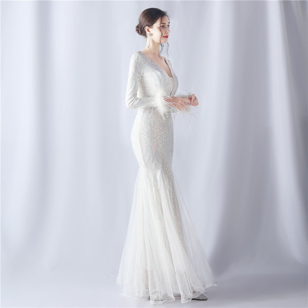 Ostrich Fur Mesh Beaded Formal Dresses