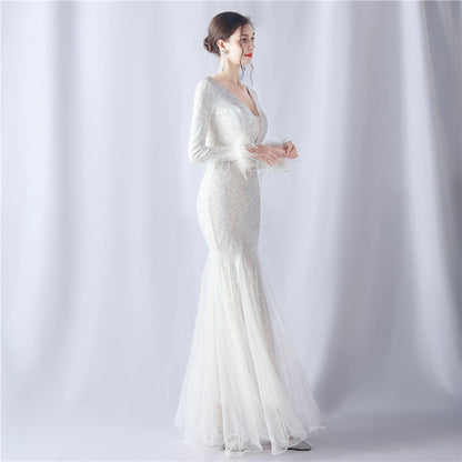 Ostrich Fur Mesh Beaded Formal Dresses