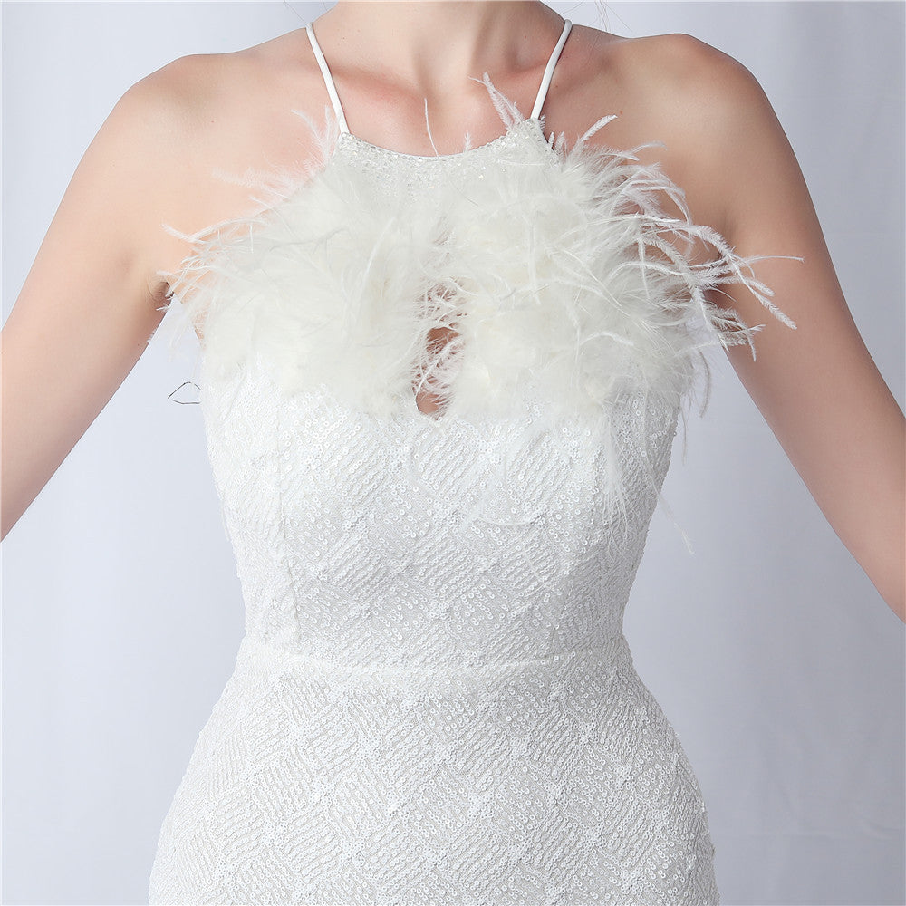 Camel hair and lattice beaded formal dresses