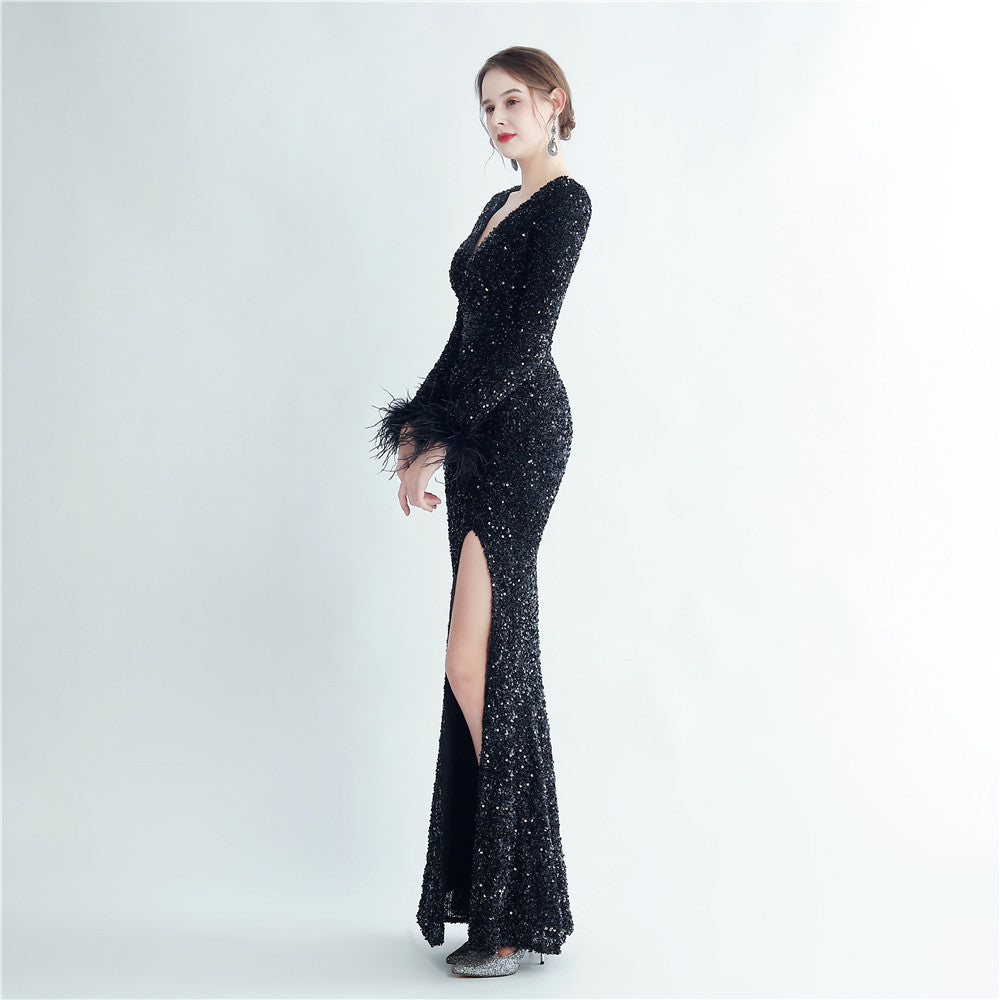 Split Long Sleeve Sequin Formal Dress