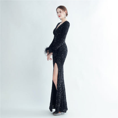 Split Long Sleeve Sequin Formal Dress