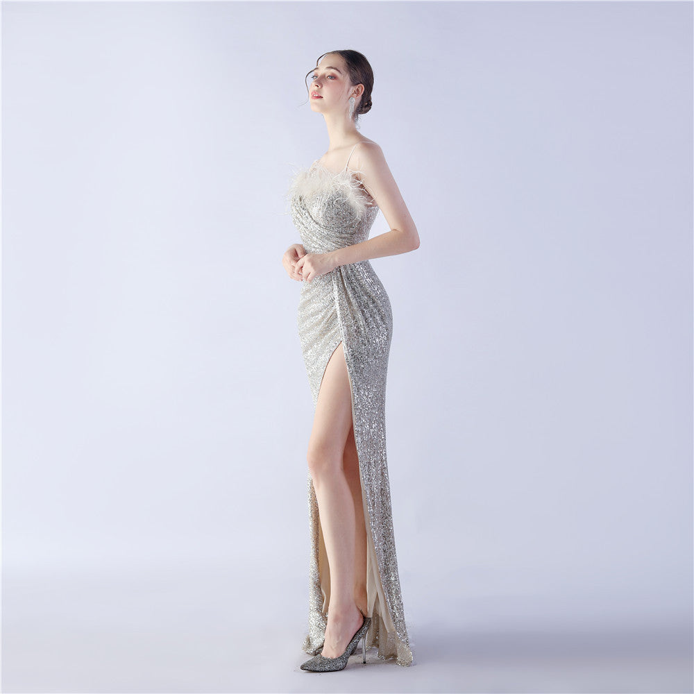Ostrich Beaded Side Split Formal Dress