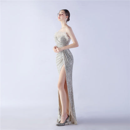 Ostrich Beaded Side Split Formal Dress