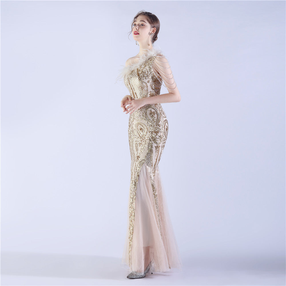 Beaded and Ostrich Fur Sequined Formal Dress