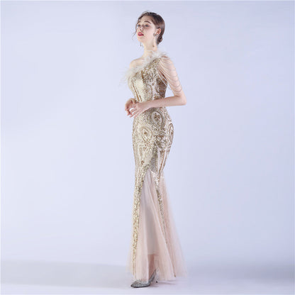 Beaded and Ostrich Fur Sequined Formal Dress