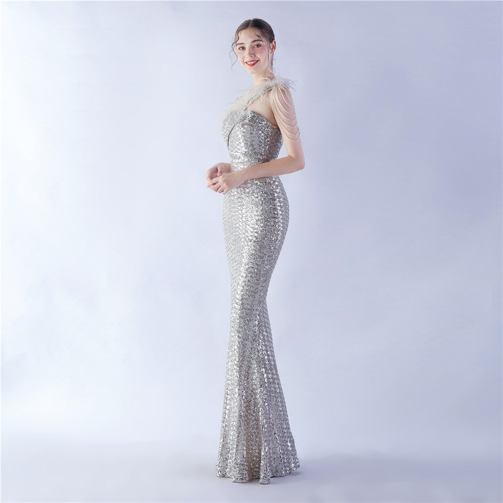 ダチョウの毛皮のイリュージョンビーズのフォーマルドレス