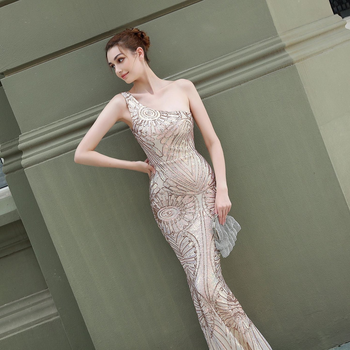 One Shoulder Sequin Fishtail Formal Dress