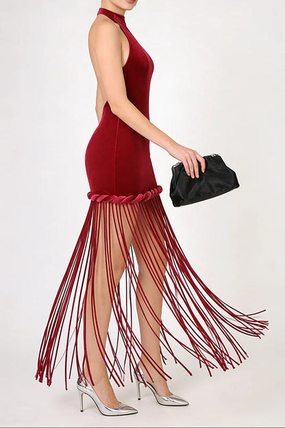 michaelia halterneck Fringe Velvet Dress in Burgundy
