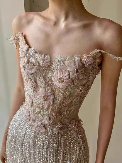 Opala Sleeveless Flowers Diamond Tassels Maxi Dress