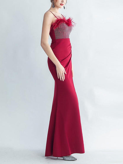 Feather Spaghetti Rhinestone Formal Dress