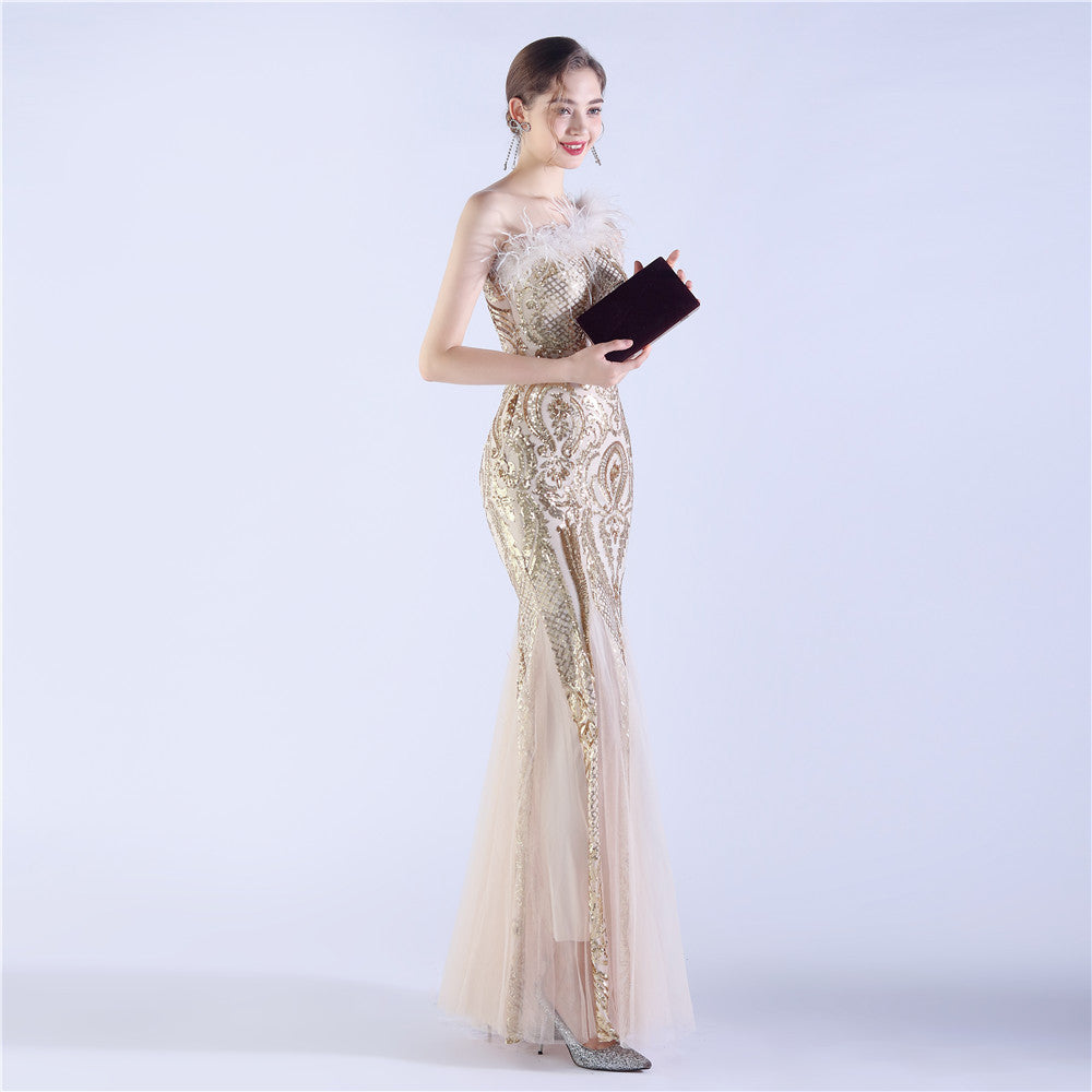 Beaded and Ostrich Fur Sequined Formal Dress