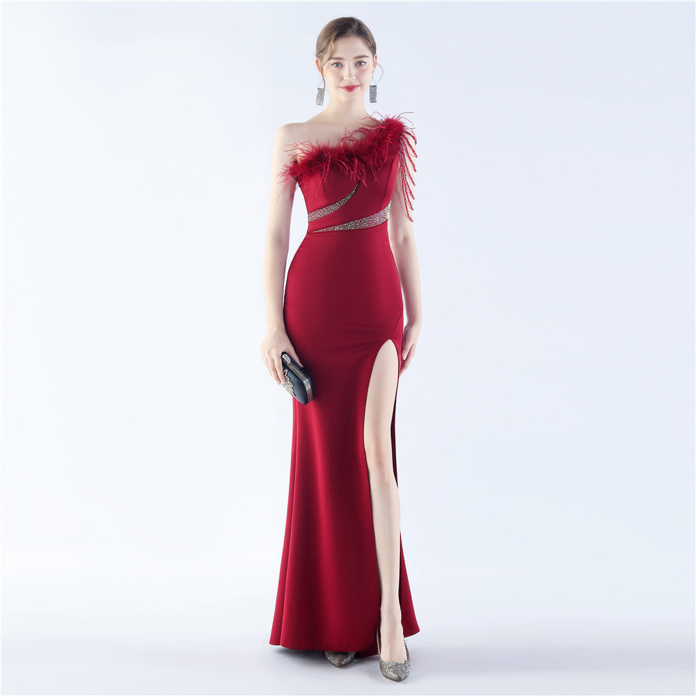 Fur Slant Neck One Shoulder Formal Dress