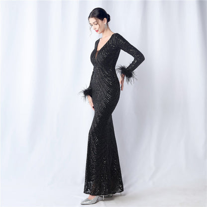 Ostrich Fur Long Sleeve Formal Dress