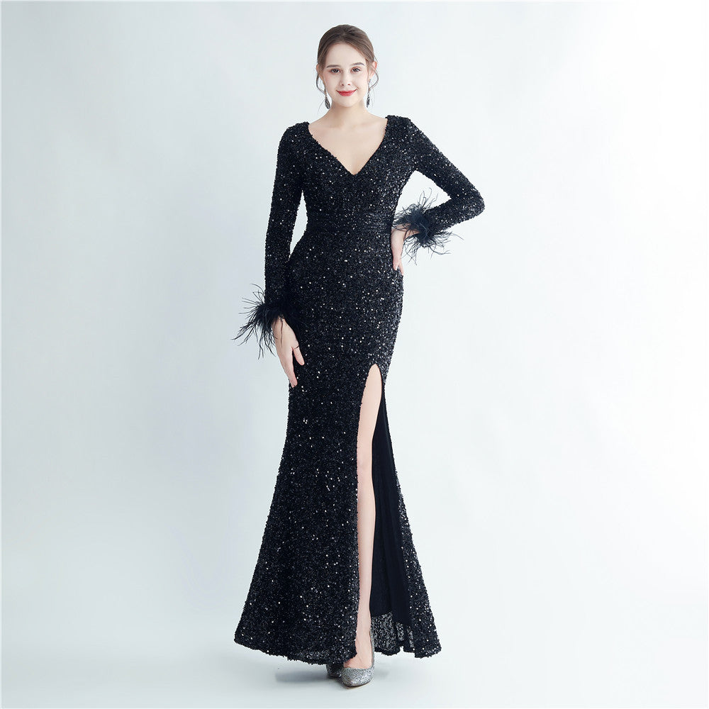 Split Long Sleeve Sequin Formal Dress