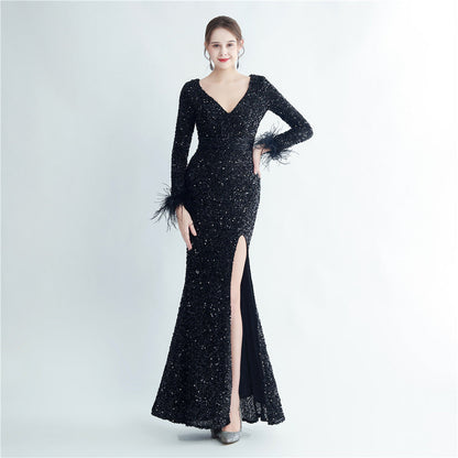Split Long Sleeve Sequin Formal Dress
