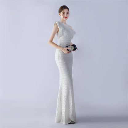 Fur Sequin One Shoulder Formal Dress