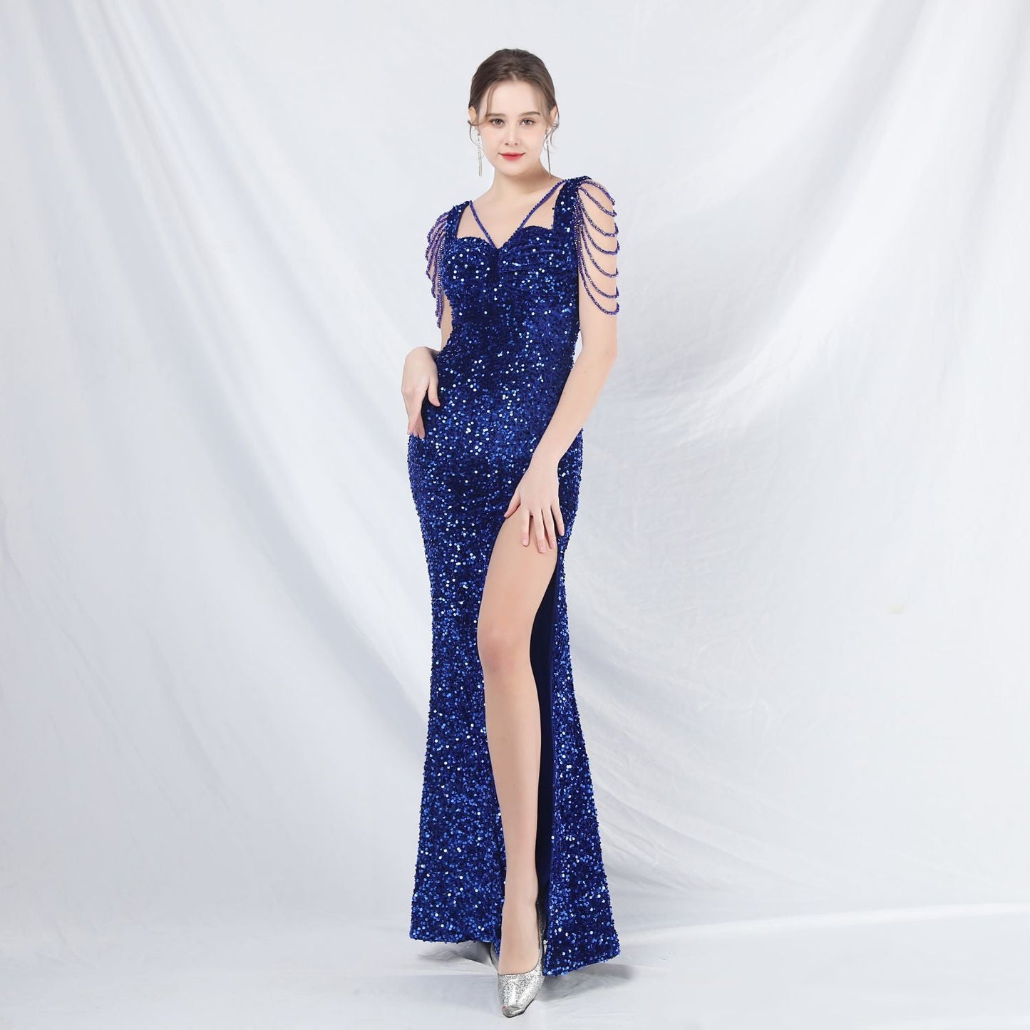 ベルベット裏地ビーズ付きフォーマルドレス