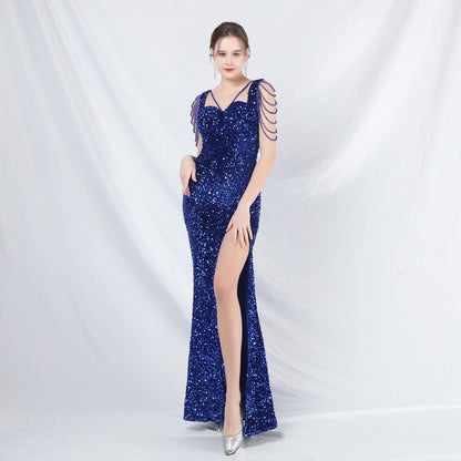 ベルベット裏地ビーズ付きフォーマルドレス