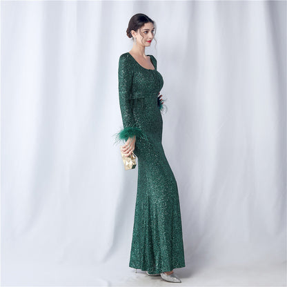 Ostrich Fur Long Sleeve Formal Dress