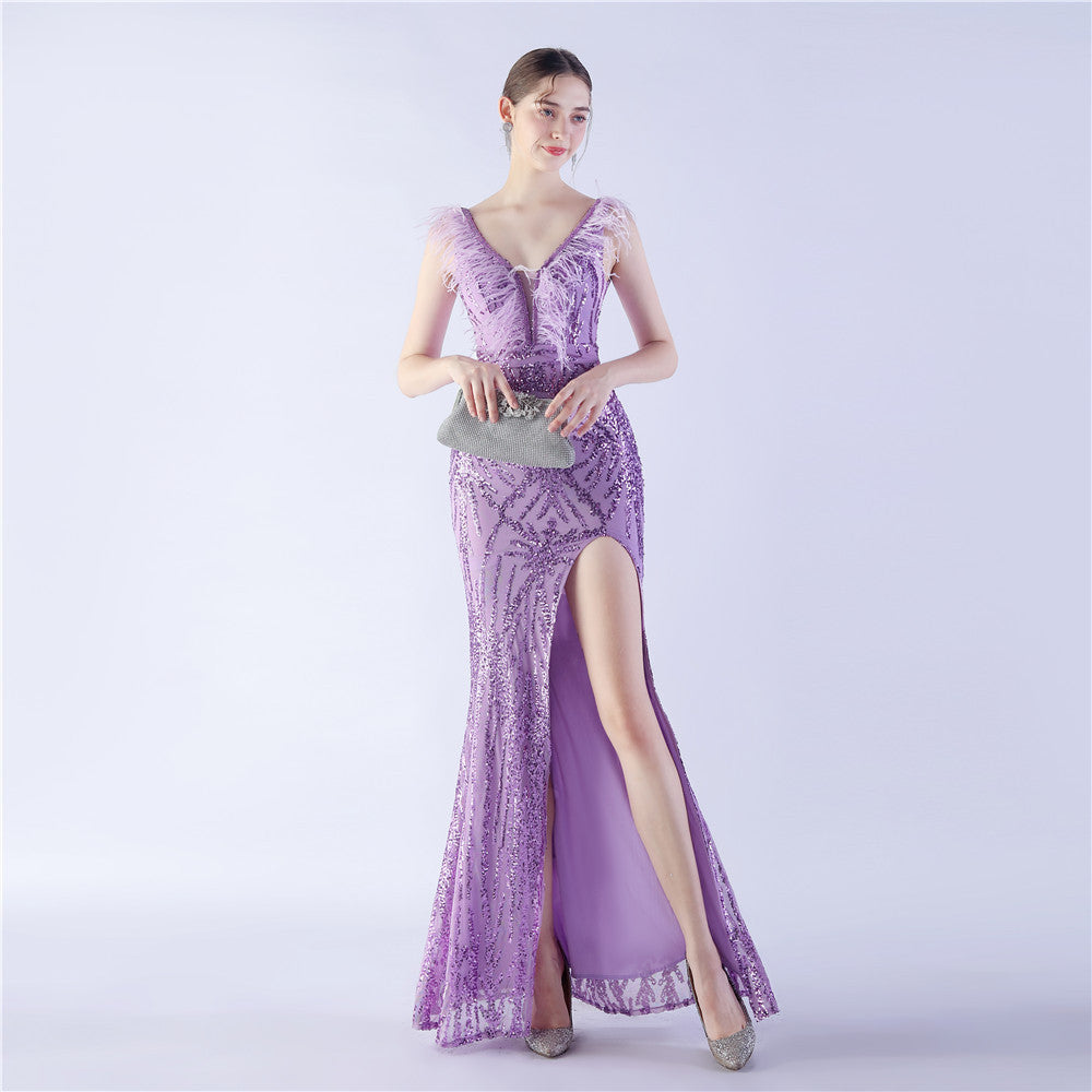 Camel Hair Side Split Formal Dress