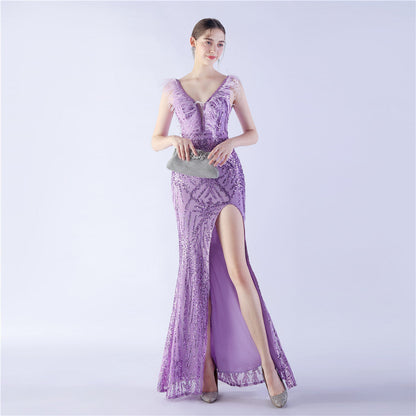 Camel Hair Side Split Formal Dress