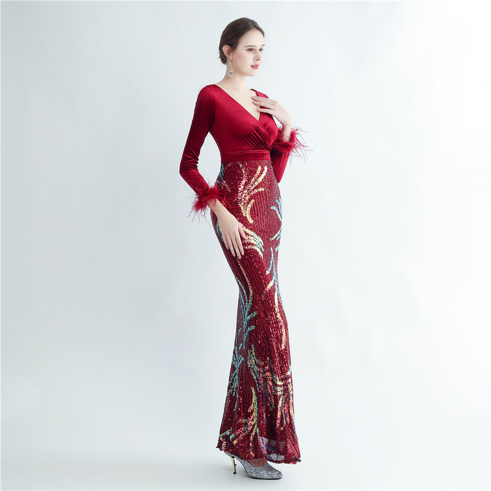 Ostrich Beaded Velvet Side Split Formal Dress